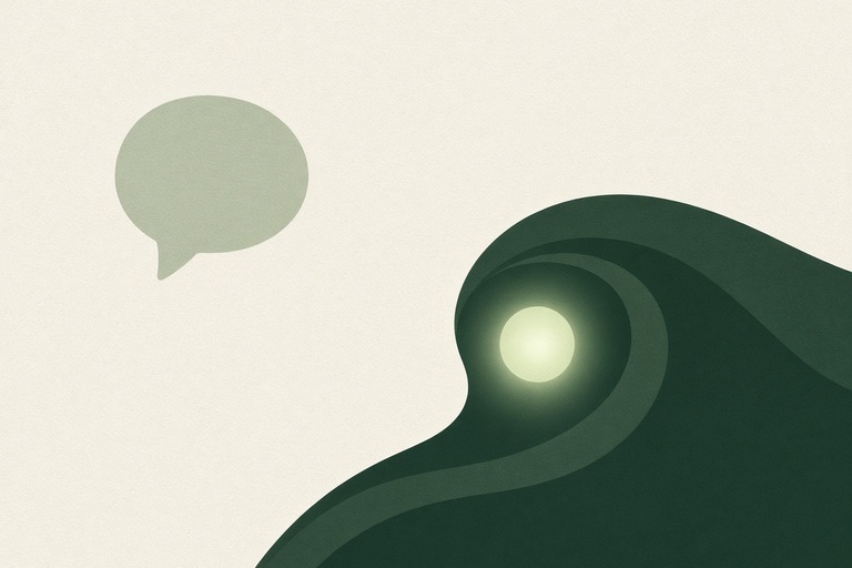 A small sage speech bubble on the left of an ivory background, and a large dark green wave on the right with a softly glowing pale green light inside its curl.
