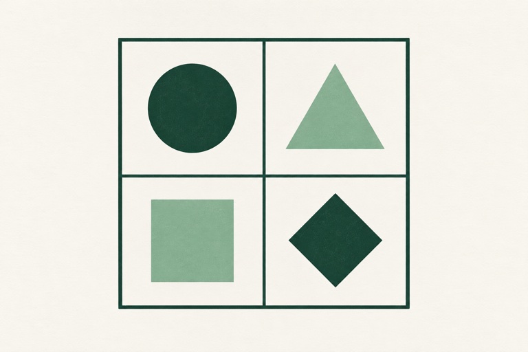 One large clean two-by-two strategy matrix with a circle, triangle, square and diamond placed in its four cells.