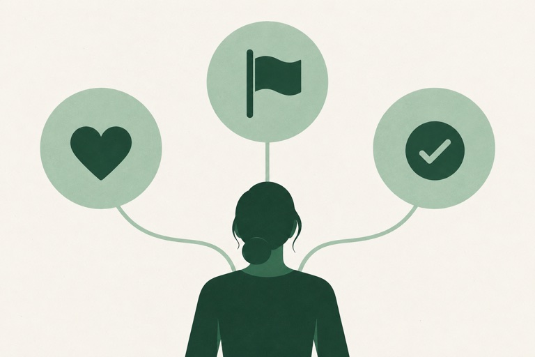One person silhouette at the center linking three large cards showing a heart, a priority flag, and a simple checkmark.